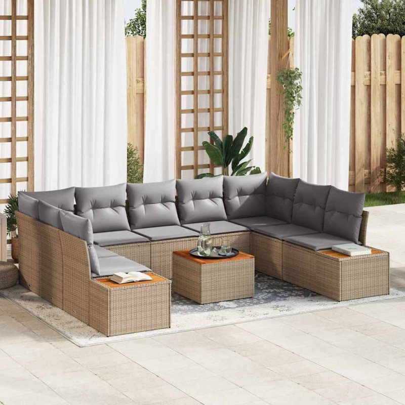 vidaXL Set di divani da giardino - 10 pezzi con cuscini in rattan sintetico beige e legno di acacia