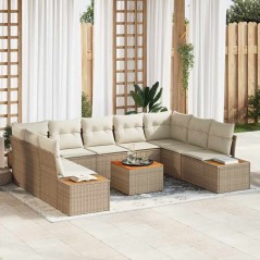 vidaXL Set di divano da giardino con 10 pezzi, cuscini beige in polyrattan e struttura in acacia.