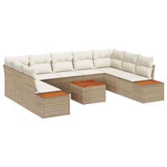 vidaXL Set di divano da giardino con 10 pezzi, cuscini beige in polyrattan e struttura in acacia.