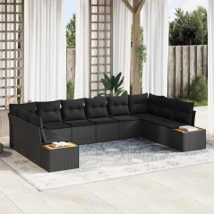 vidaXL Set Divano da Giardino da 10 Pezzi con Cuscini in Rattan Nero e Acacia