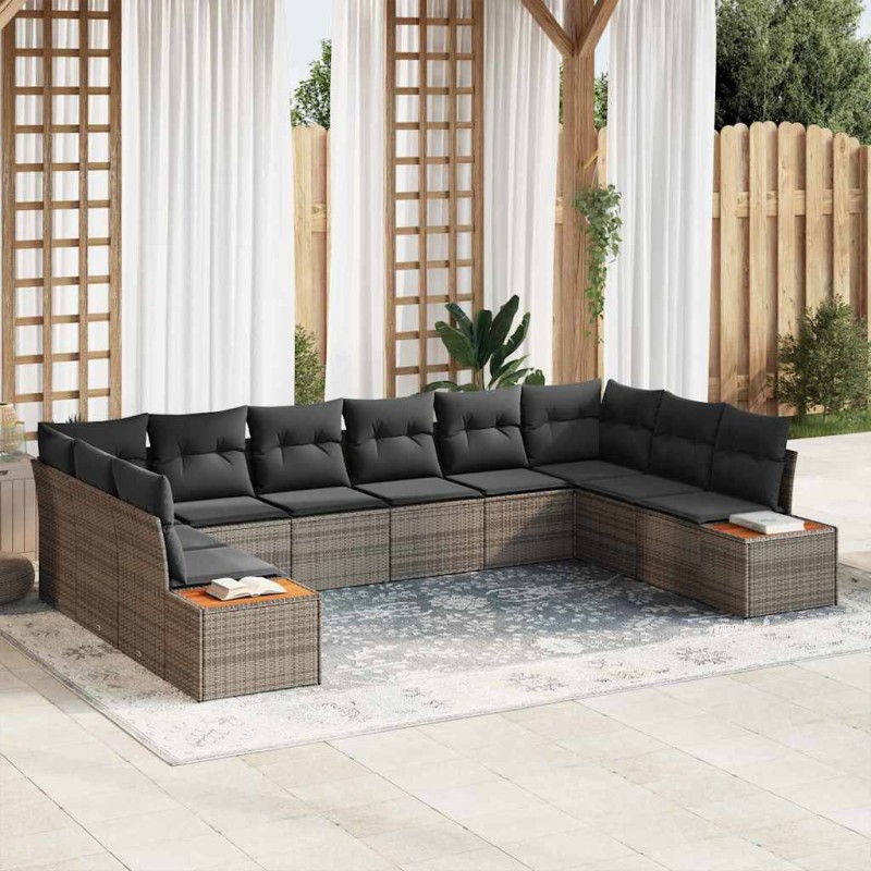 vidaXL Set divano da giardino 10 pezzi con cuscini grigi in polyrattan e legno di acacia