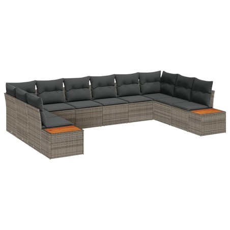 vidaXL Set divano da giardino 10 pezzi con cuscini grigi in polyrattan e legno di acacia