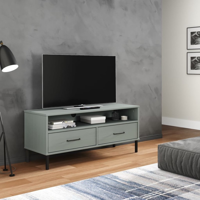 Mobile TV con Gambe Metallo Grigio Legno Massello di Pino OSLO Mobile TV con Gambe Metallo Grigio Legno Massello di Pino OSLO