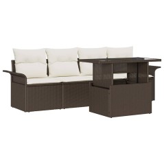 vidaXL Set di Sofà da Giardino in 5 Pezzi con Cuscini Marrone in Rattan e Polipropilene