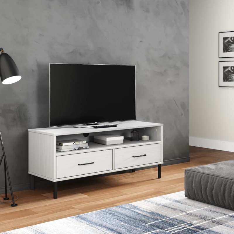 Mobile TV con Gambe Metallo Bianco Legno Massello di Pino OSLO Mobile TV con Gambe Metallo Bianco Legno Massello di Pino OSLO