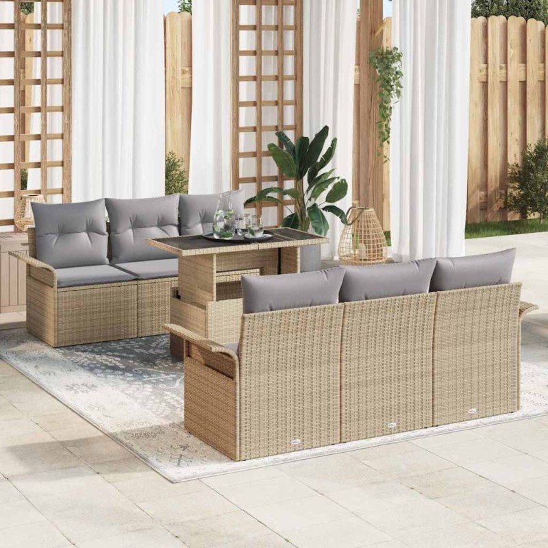 vidaXL Set di divani da giardino 7 pezzi con cuscini beige in rattan sintetico