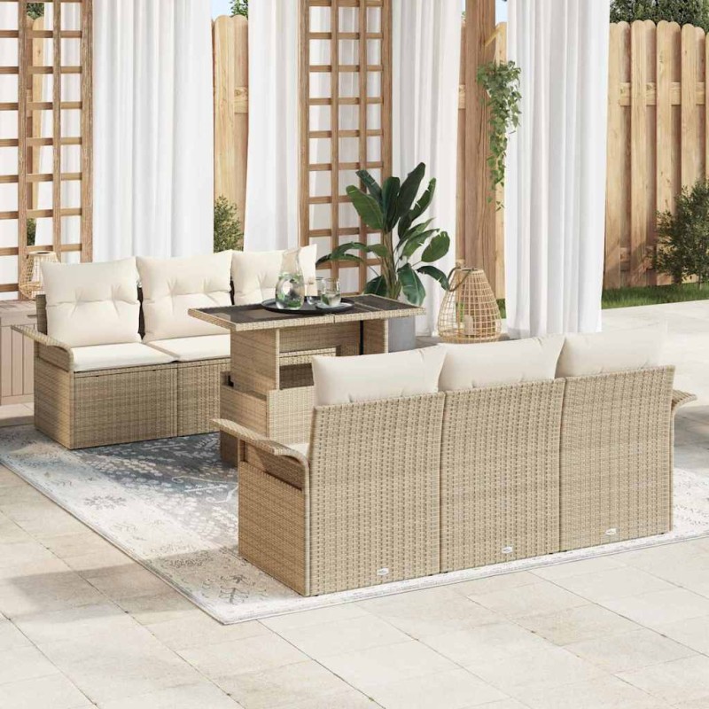 vidaXL Set di divani da giardino 7 pezzi con cuscini beige in polyrattan