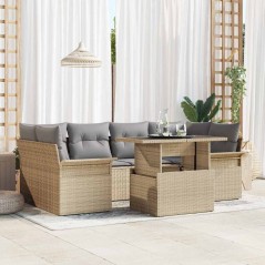vidaXL Set di divani da giardino 7 pezzi con cuscini beige in poly rattan.