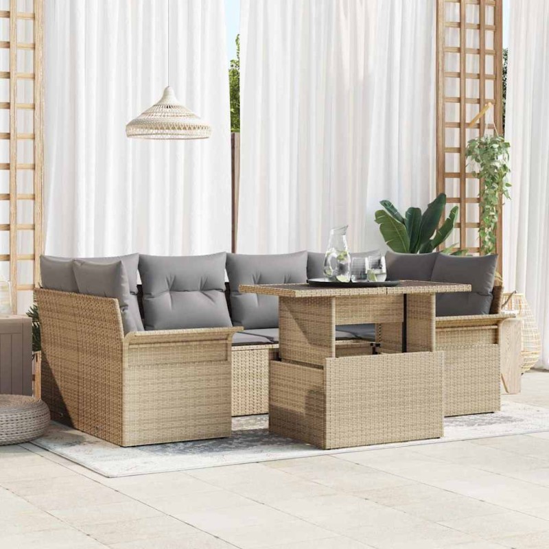 vidaXL Set di divani da giardino 7 pezzi con cuscini beige in poly rattan.