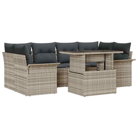 vidaXL Set di divani da giardino da 7 pezzi con cuscini grigio chiaro in rattan sintetico.