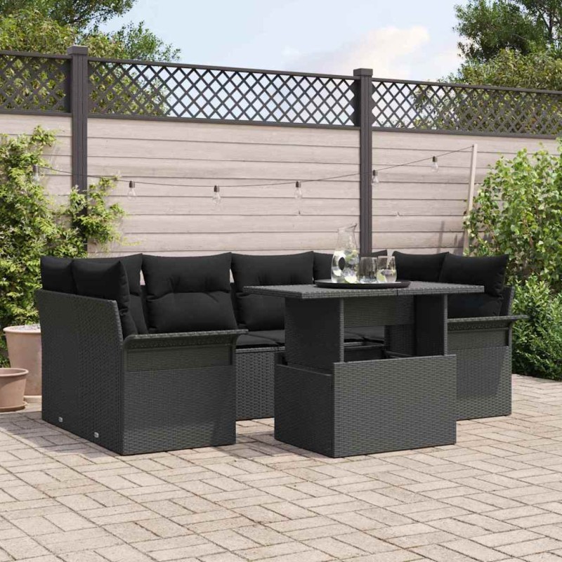 vidaXL Set di divani da giardino con 7 pezzi e cuscini neri in rattan sintetico.