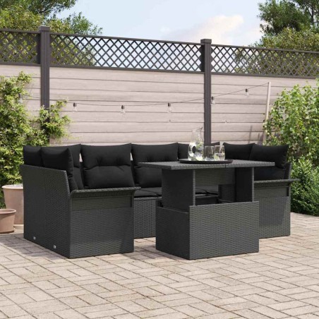 vidaXL Set di divani da giardino con 7 pezzi e cuscini neri in rattan sintetico.