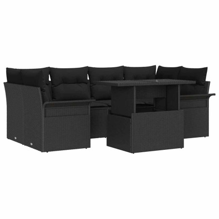 vidaXL Set di divani da giardino con 7 pezzi e cuscini neri in rattan sintetico.