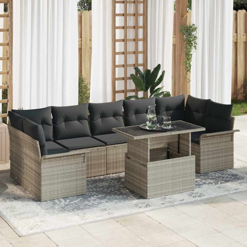 vidaXL Set divano da giardino 8 pezzi con cuscini grigi in rattan sintetico