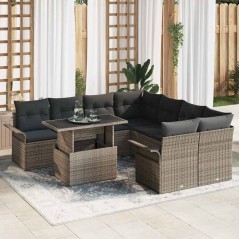 vidaXL Set Divano da Giardino 9 Pezzi con Cushion Grigio in Polyrattan