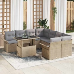 vidaXL Set di Sofà da Giardino 9 Pezzi con Cuscini Beige in Rattan Sintetico