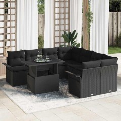 vidaXL Set di divano da giardino 9 pezzi in polyrattan nero con cuscini