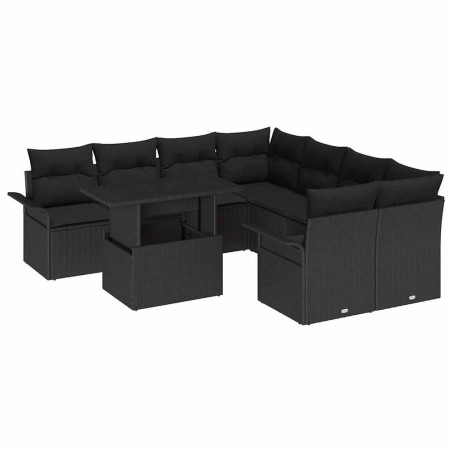 vidaXL Set di divano da giardino 9 pezzi in polyrattan nero con cuscini