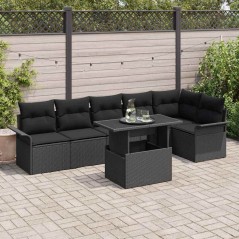vidaXL Set di Divani da Giardino da 7 Pezzi con Cuscini Neri in Polyrattan