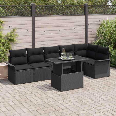 vidaXL Set di Divani da Giardino da 7 Pezzi con Cuscini Neri in Polyrattan