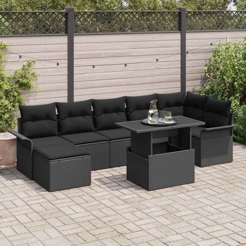 vidaXL Set di Divani da Giardino da 8 Pezzi con Cuscini Nero Polyrattan