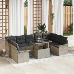 vidaXL Set di divano da giardino a 10 pezzi con cuscini grigio chiaro in polyrattan