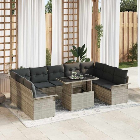 vidaXL Set di divano da giardino a 10 pezzi con cuscini grigio chiaro in polyrattan