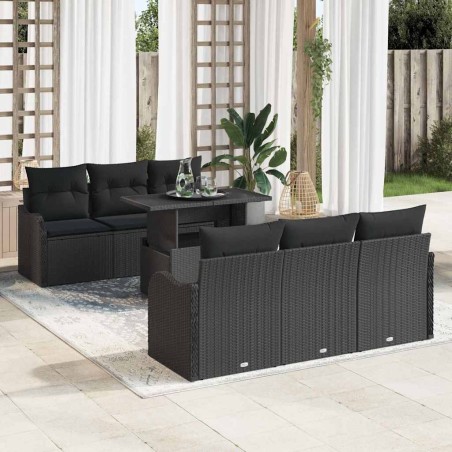vidaXL Set da giardino in rattan nero con 7 pezzi e cuscini