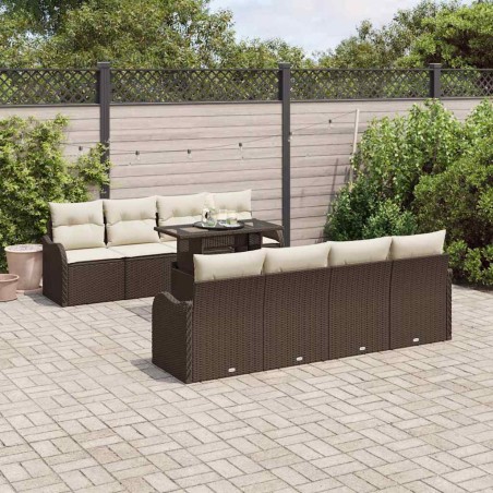 vidaXL Set Divano da Giardino 9 Pezzi con Cuscini Marrone in Rattan Sintetico