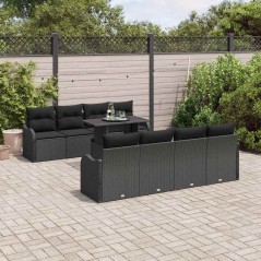 vidaXL Set di divani da giardino 9 pezzi con cuscini in polyrattan nero