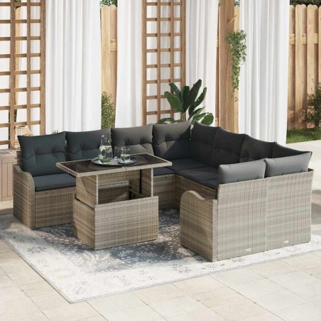 vidaXL Set divani da giardino 9 pezzi con cuscini grigio chiaro in rattan sintetico