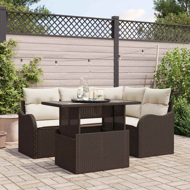 vidaXL Set di divani da giardino a 5 pezzi con cuscini marroni in polirattan