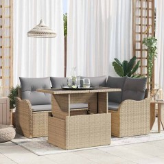 vidaXL Set di divani da giardino a 5 pezzi con cuscini beige in rattan sintetico