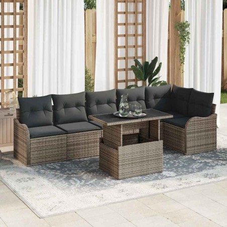 vidaXL Set da giardino con 7 pezzi e cuscini, in rattan sintetico grigio.