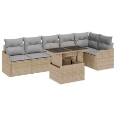 Set di divani da giardino 7 pezzi con cuscini beige in polyrattan