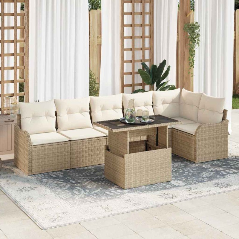 vidaXL Set di divani da giardino, 7 pezzi con cuscini in rattan beige