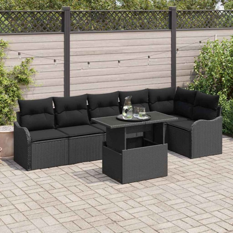 vidaXL Set Giardino in Rattan Nero da 7 Pezzi con Cuscini