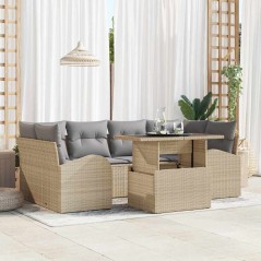 vidaXL Set di divano da giardino 7 pezzi con cuscini beige in rattan sintetico