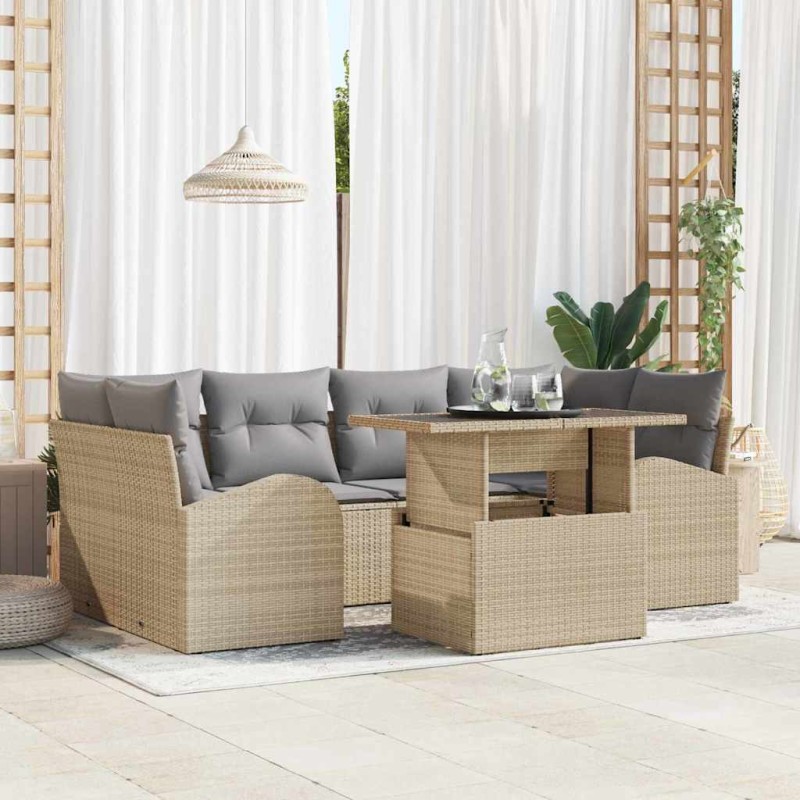 vidaXL Set di divano da giardino 7 pezzi con cuscini beige in rattan sintetico