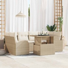 vidaXL Set di divano da giardino 7 pezzi con cuscini beige in rattan sintetico
