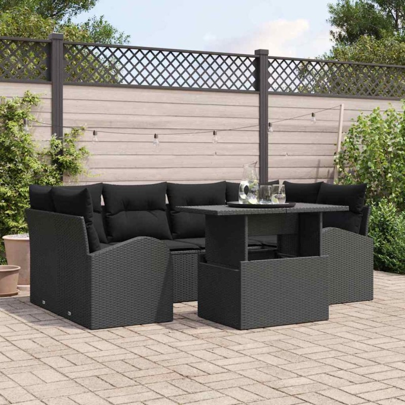 vidaXL Set di divani da giardino a 7 pezzi con cuscini in rattan nero