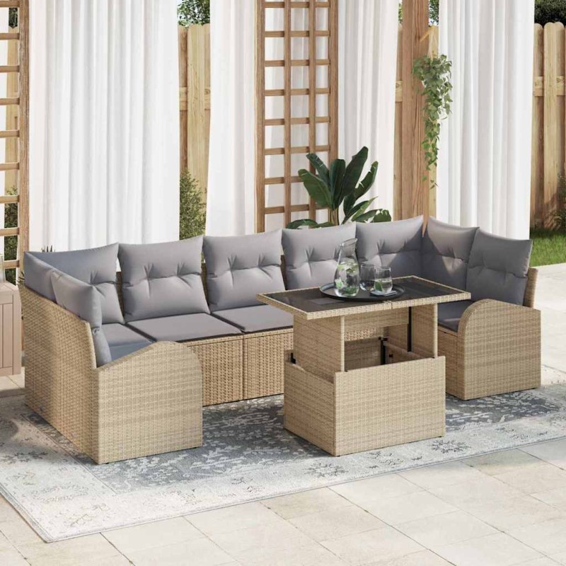 vidaXL Set da Giardino 8 Pezzi con Cuscini Beige, Rattan e Polipropilene