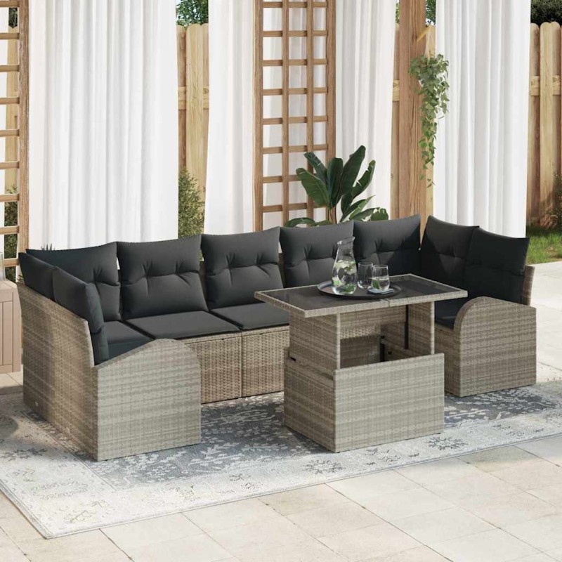 vidaXL Set di divani da giardino di 8 pezzi con cuscini, in rattan polipropilene grigio chiaro.