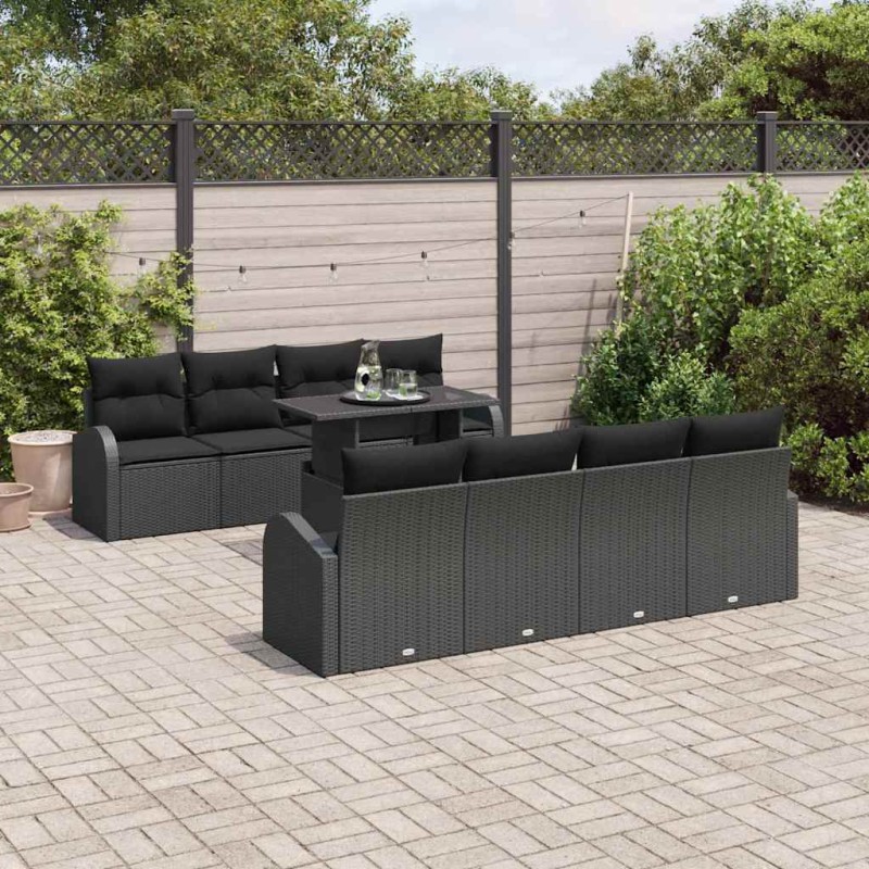 vidaXL Set di Divani da Giardino 9 Pezzi con Cuscini in Rattan Nero e Poliestere