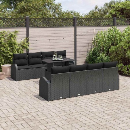 vidaXL Set di Divani da Giardino 9 Pezzi con Cuscini in Rattan Nero e Poliestere