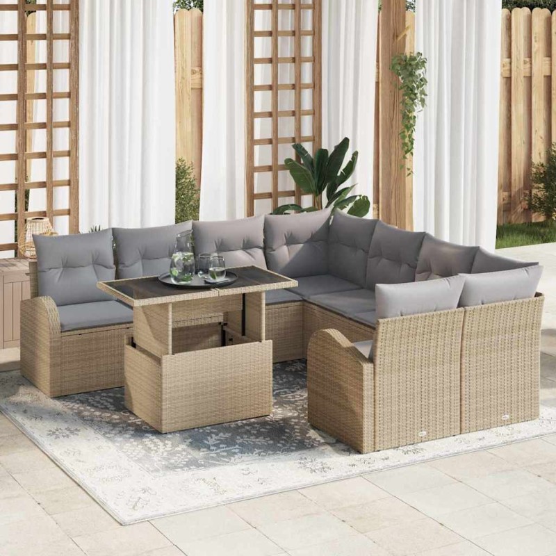 vidaXL Set di divani da giardino in 9 pezzi con cuscini beige in rattan sintetico
