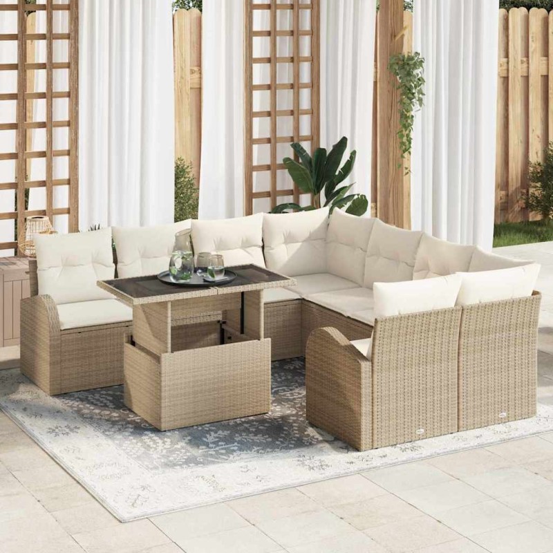 vidaXL Set di divani da giardino da 9 pezzi con cuscini beige in polirattan