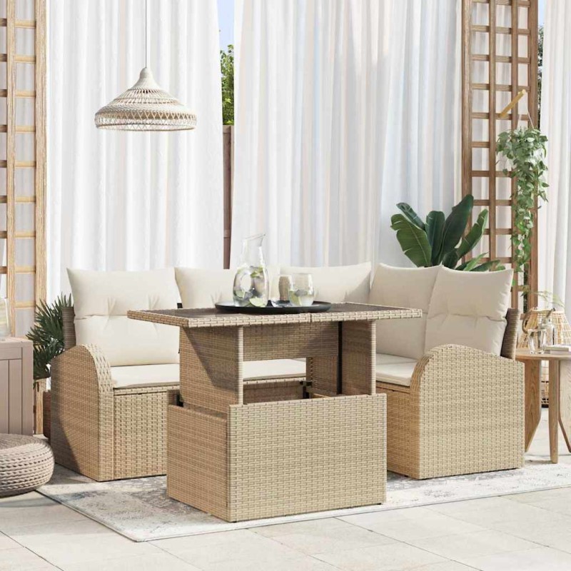 vidaXL Set di divani da giardino 5 pezzi con cuscini beige in rattan sintetico