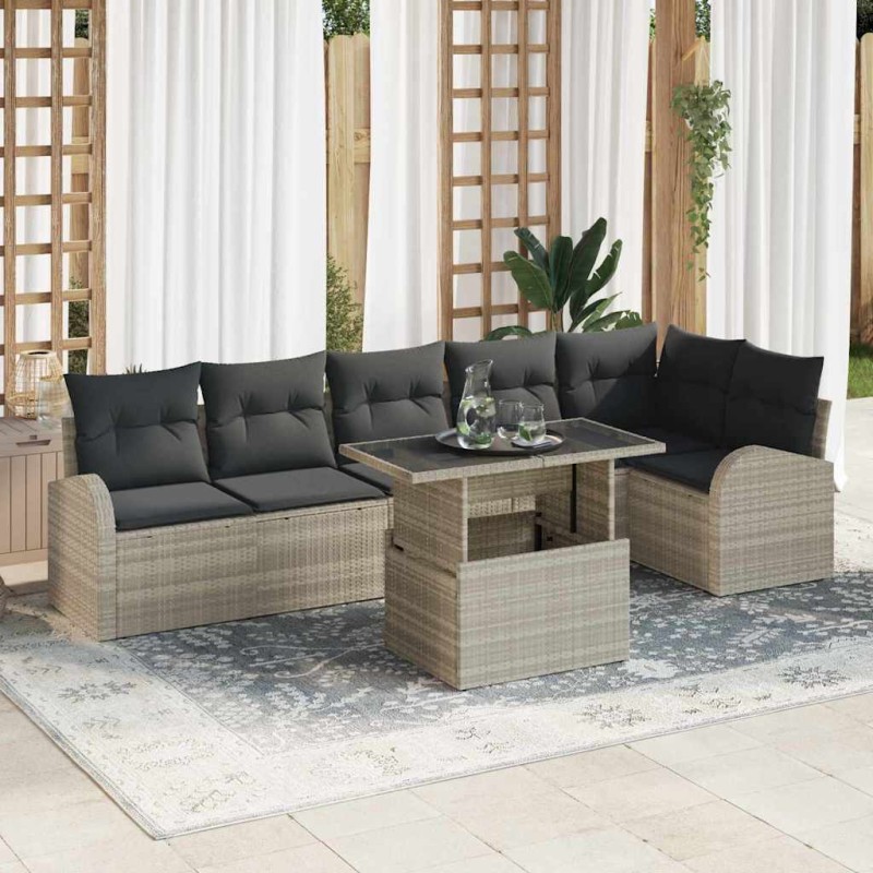 vidaXL Set da giardino con 7 pezzi e cuscini grigio chiaro in rattan