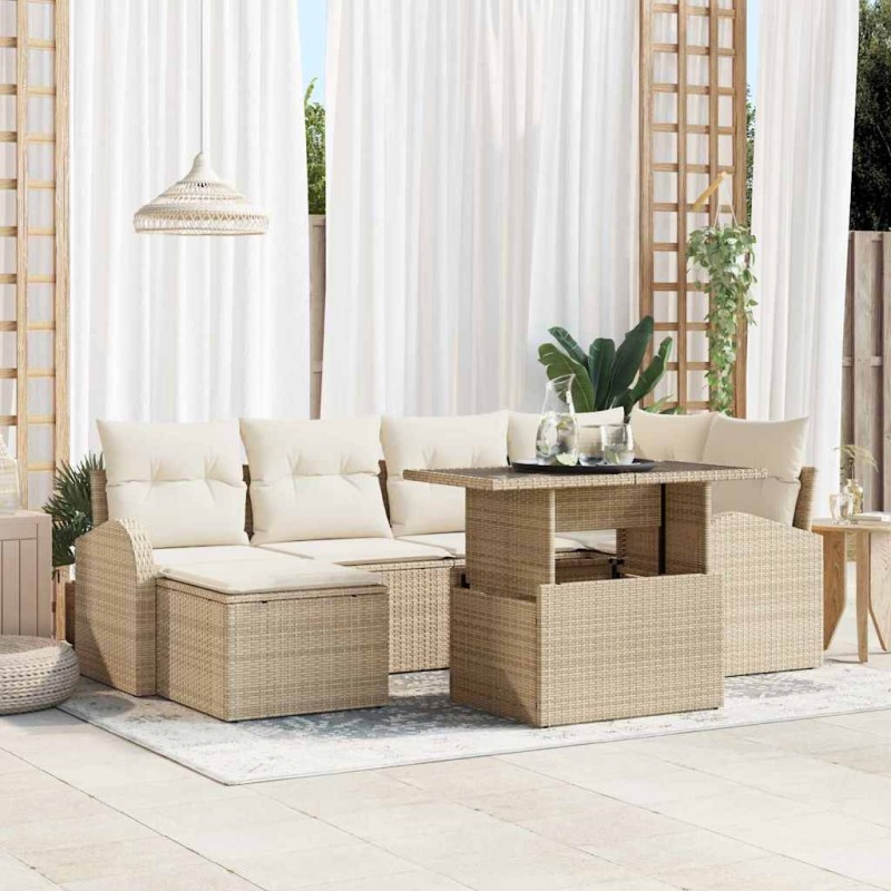 vidaXL Set di divani da giardino da 7 pezzi con cuscini beige in rattan sintetico